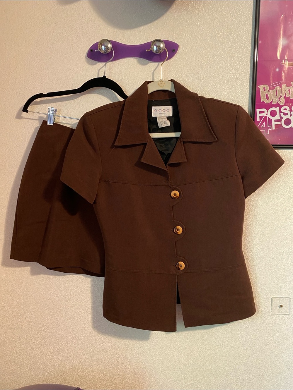 XOXO Women's Brown Short-Sleeve Button Front Jacket & Mini Skirt Set